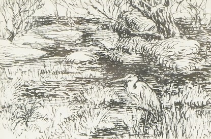 Lynton Lamb RDI, FSRA, FSIA (1907-1977), ‘Heron in the Marsh, pen and ink, unsigned, ex. Chris Beetles, label verso, 7.5 x 11cm